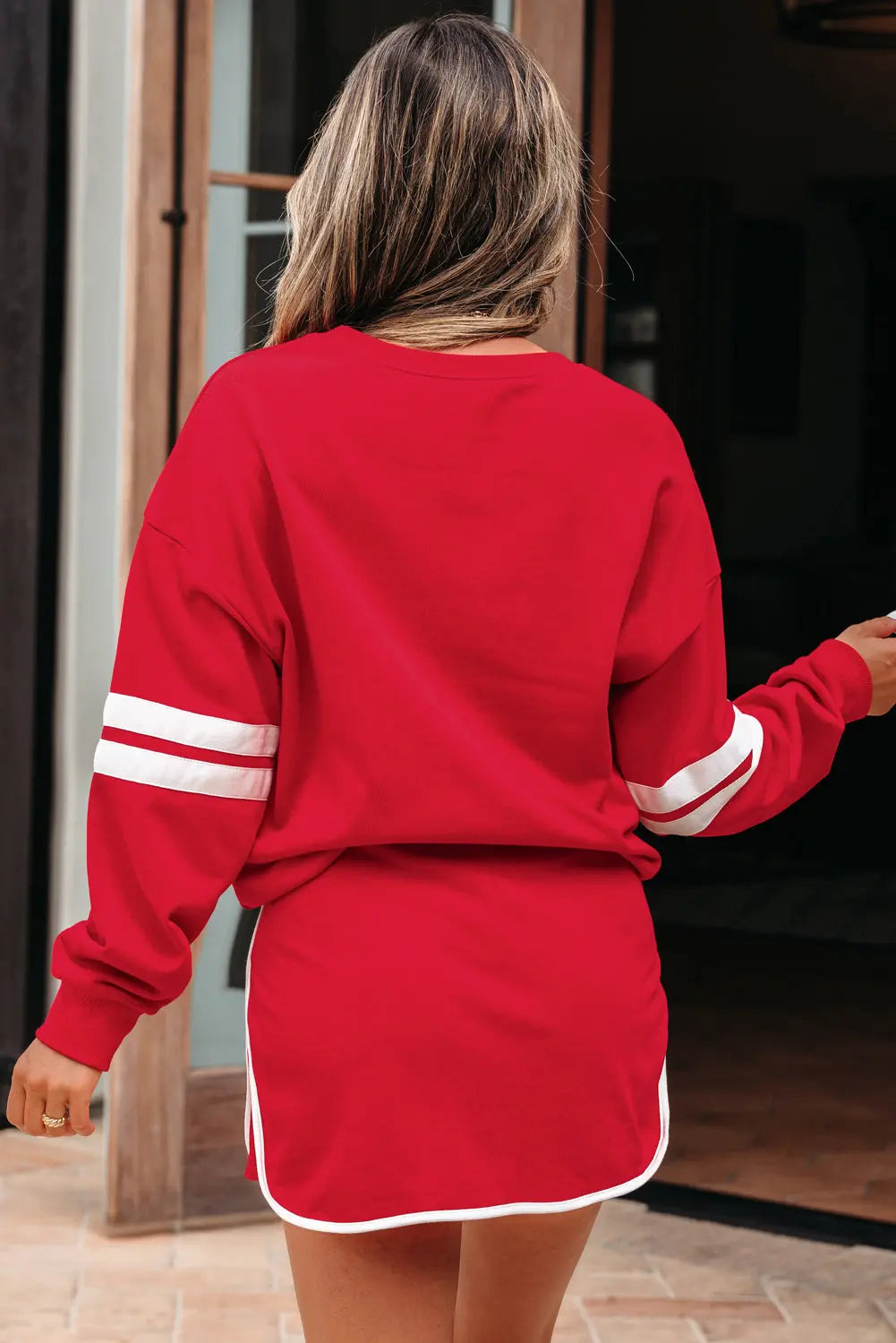 Fiery Red Varsity Stripe Detail Drop Shoulder Pullover Mini Skirt Set Dear-Lover Dropshipping
