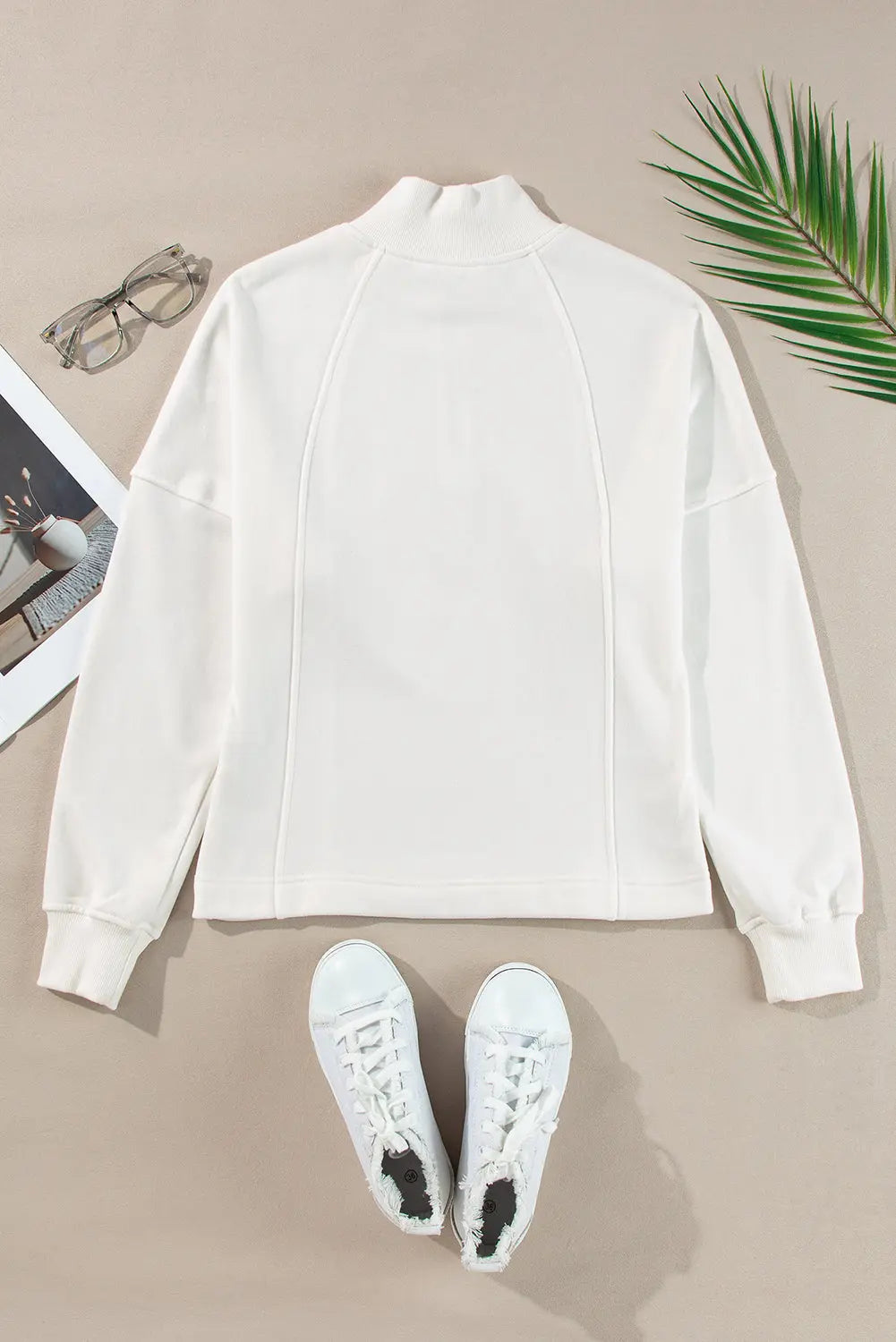 White Zipped Neck Pullover Drop Shoulder Sweatshirt Dear-Lover Dropshipping