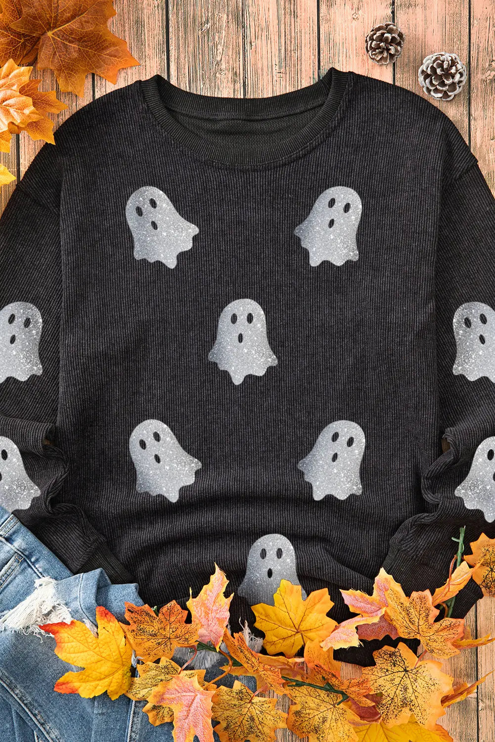Black Halloween Ghost Corded Crew Neck Loose Sweatshirt Dear-Lover Dropshipping