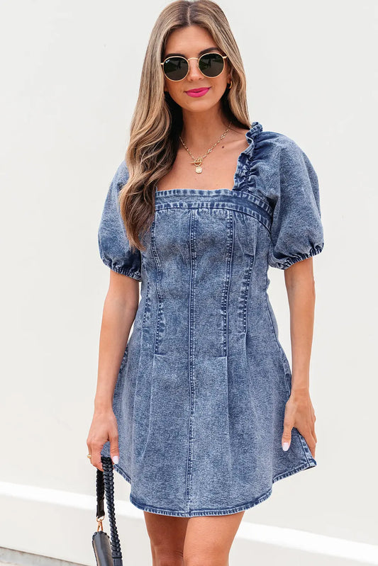 Blue Frilly Square Neck Bustier Puff Sleeve Short Denim Dress Dear-Lover Dropshipping