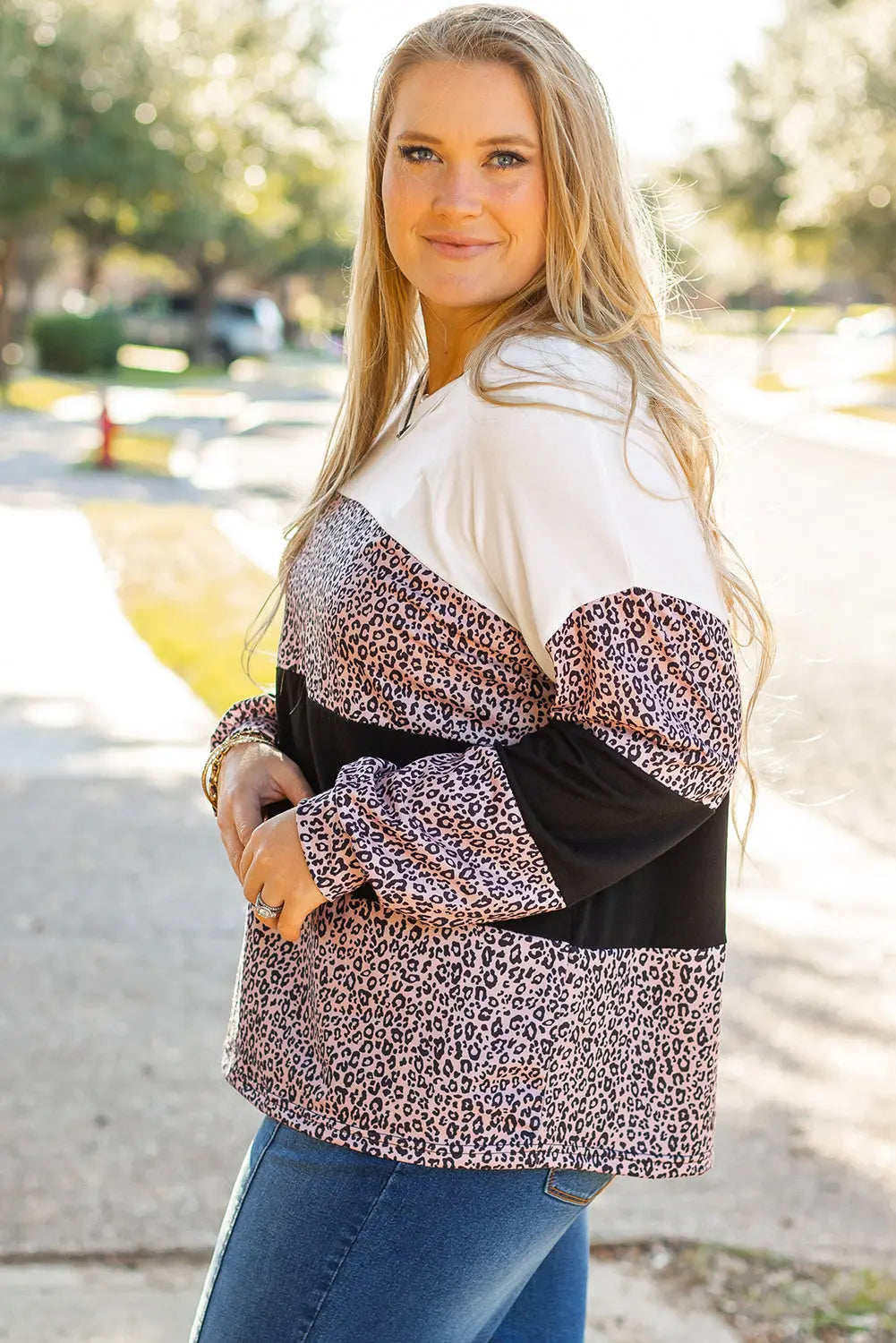 Black Leopard Print Colorblock V Neck Long Sleeve Plus Size Top Dear-Lover Dropshipping