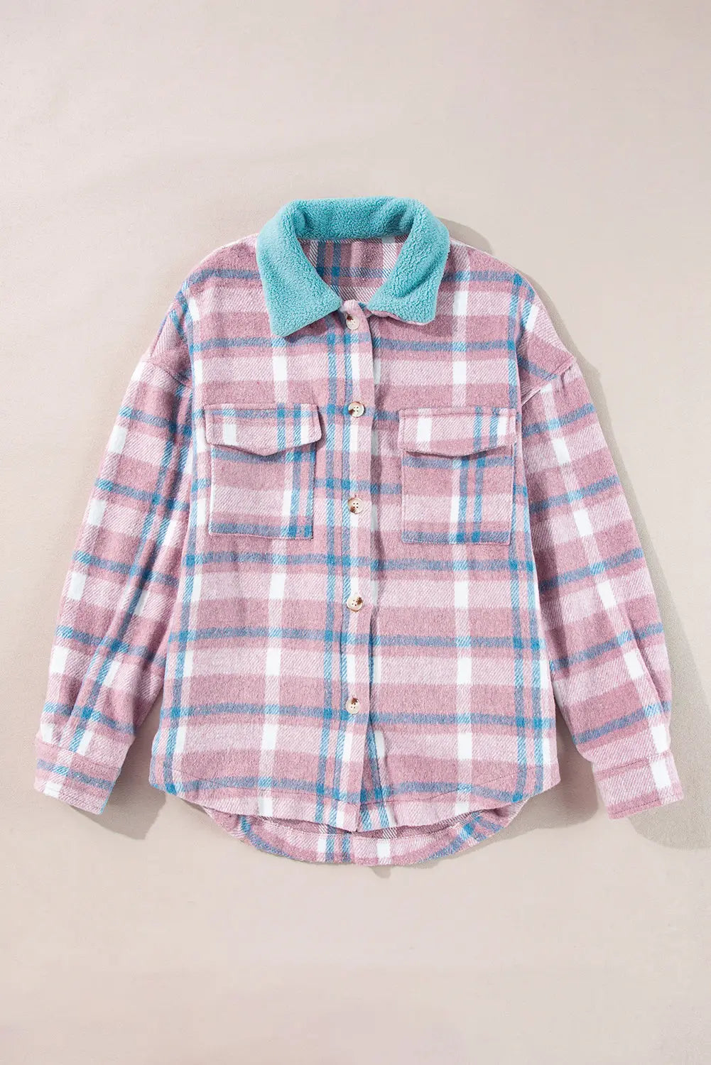 Pink Plaid Print Color Block Collared Flap Pockets Loose Shacket Dear-Lover Dropshipping