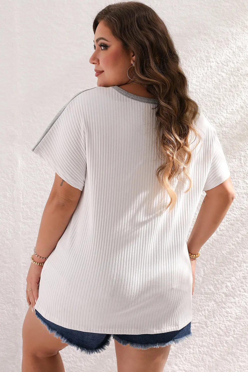 White Colorblock Patchwork Batwing Sleeve Ribbed Plus T Shirt Dear-Lover Dropshipping