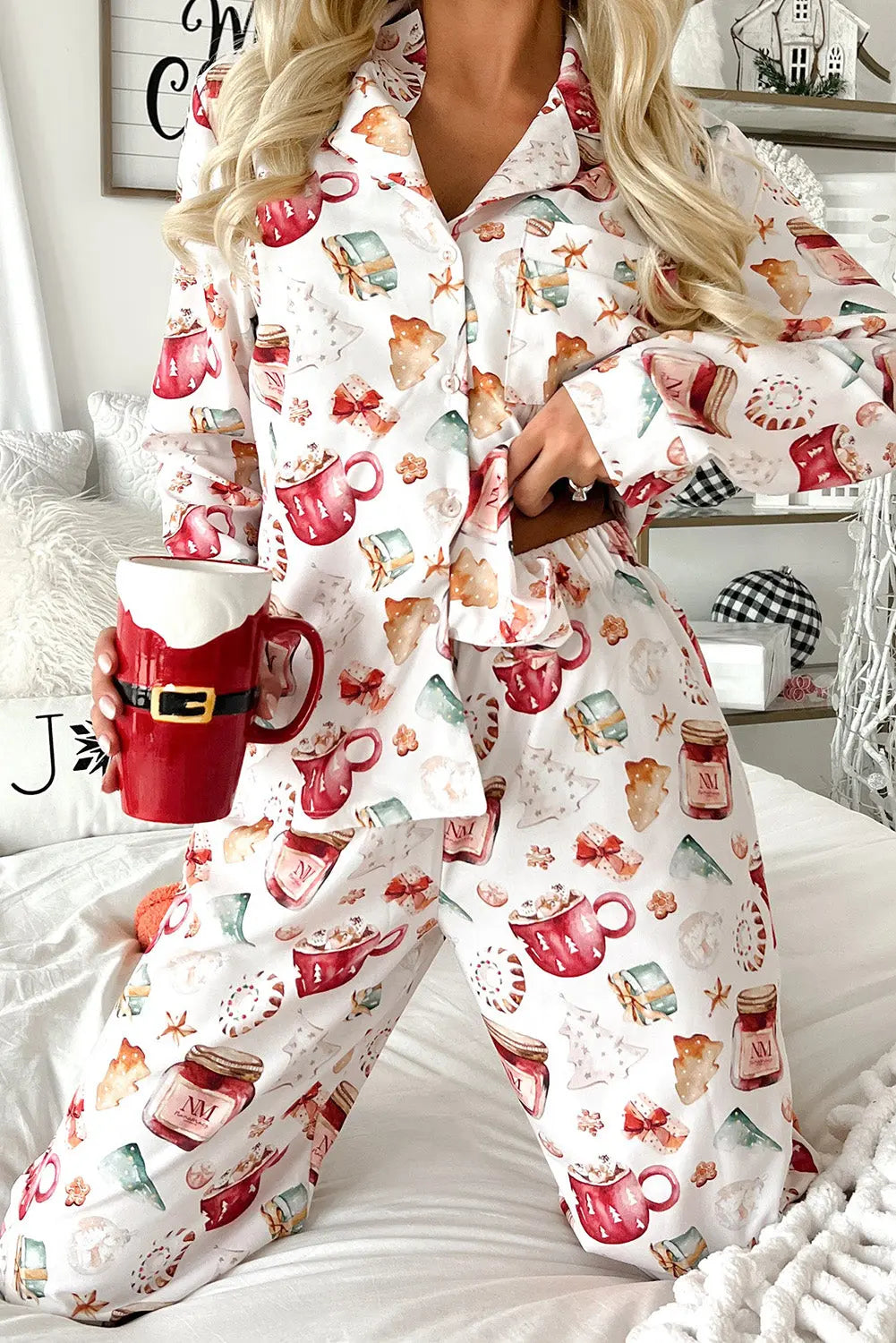 White Christmas Pattern Long Sleeve Shirt and Pants Pajama Set Dear-Lover Dropshipping