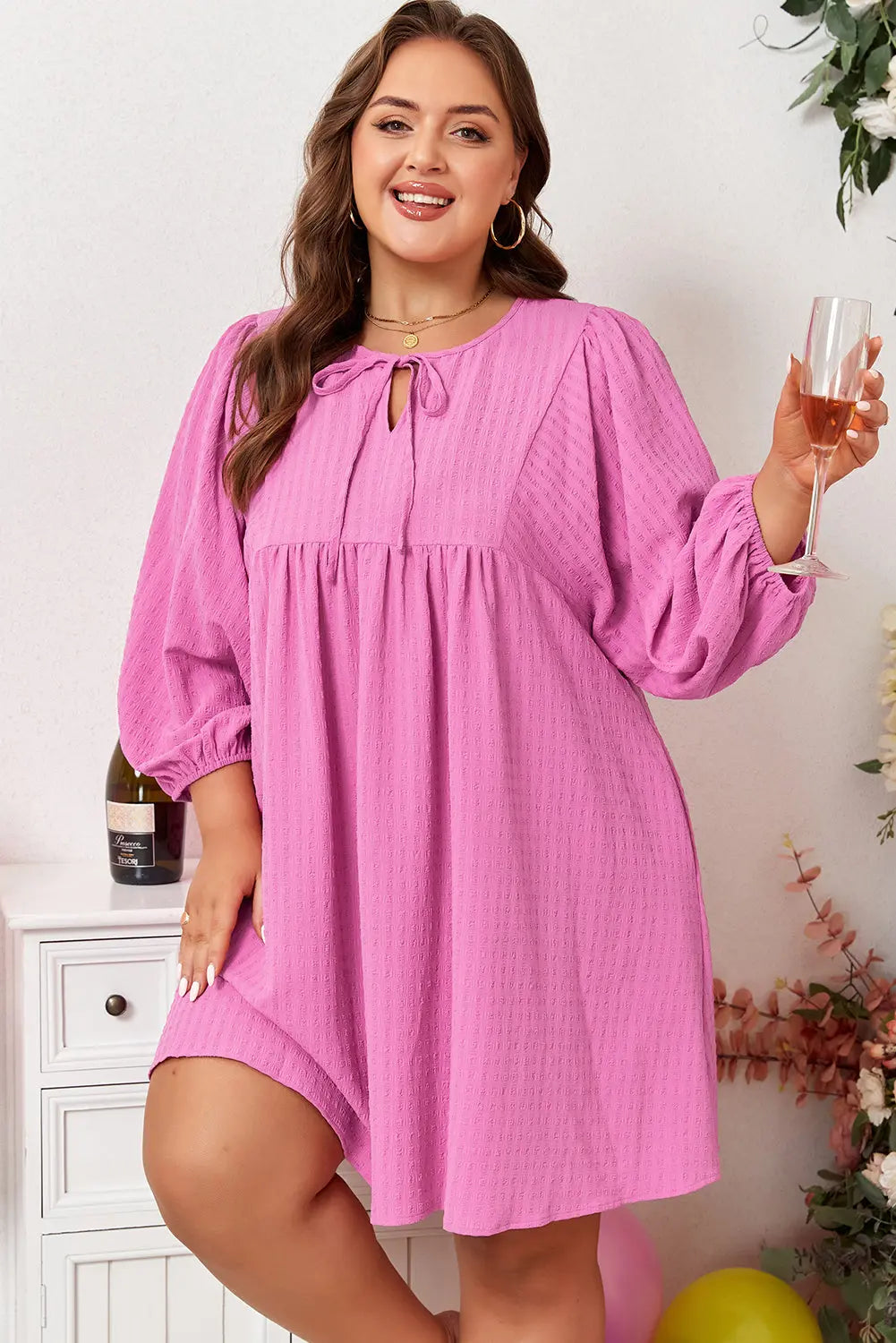 Sachet Pink Plus Size Textured Tie Split Neck Puff Sleeve Flowy Mini Dress Dear-Lover Dropshipping