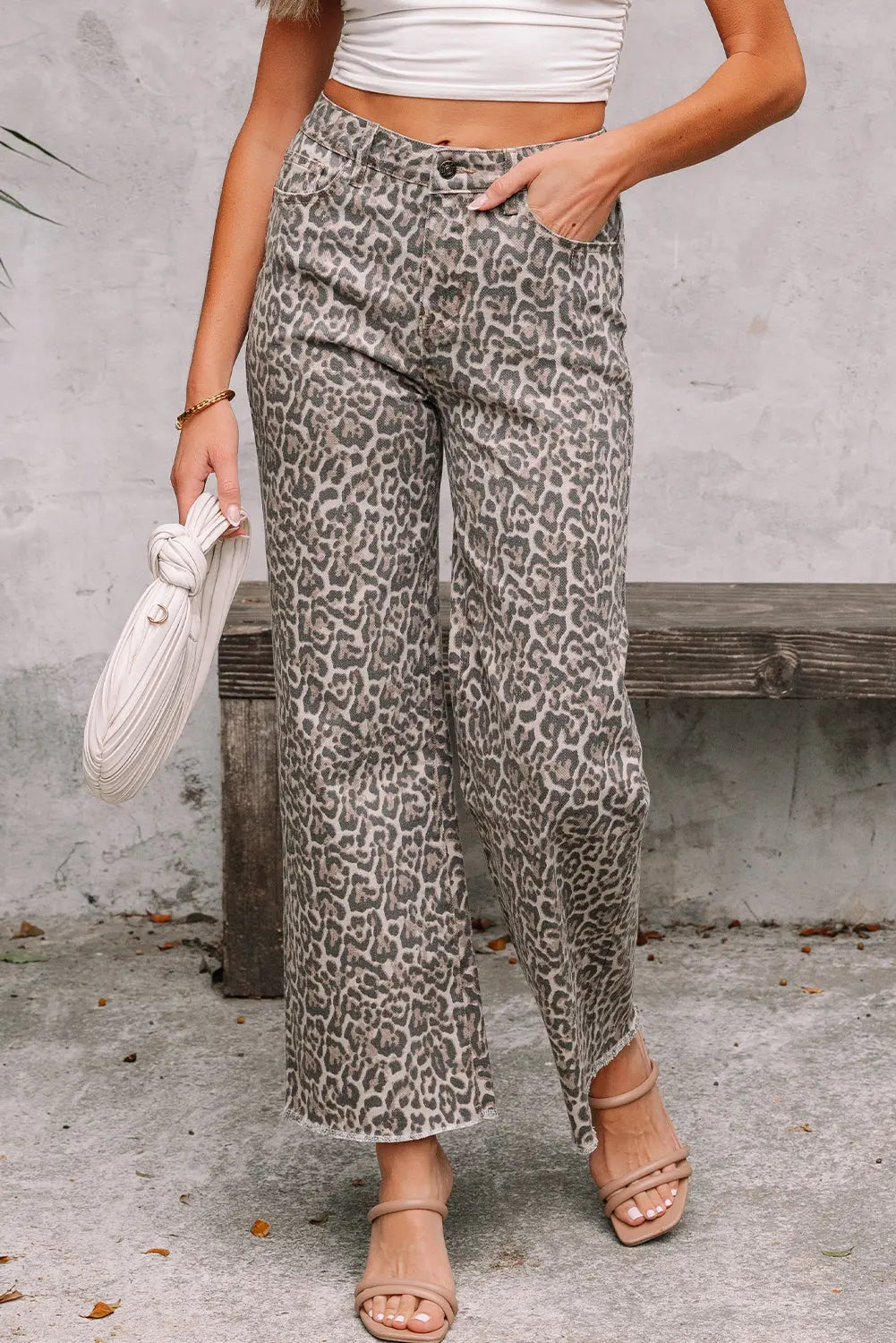 Brown Leopard Frayed Edge Wide Leg High Waist Jeans Dear-Lover Dropshipping