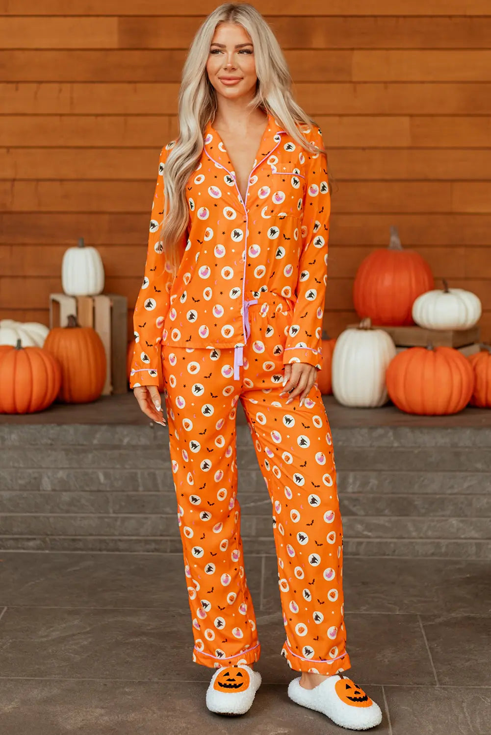 Orange Halloween Print Lapel Shirt Long 2pcs Pajama Set Dear-Lover Dropshipping
