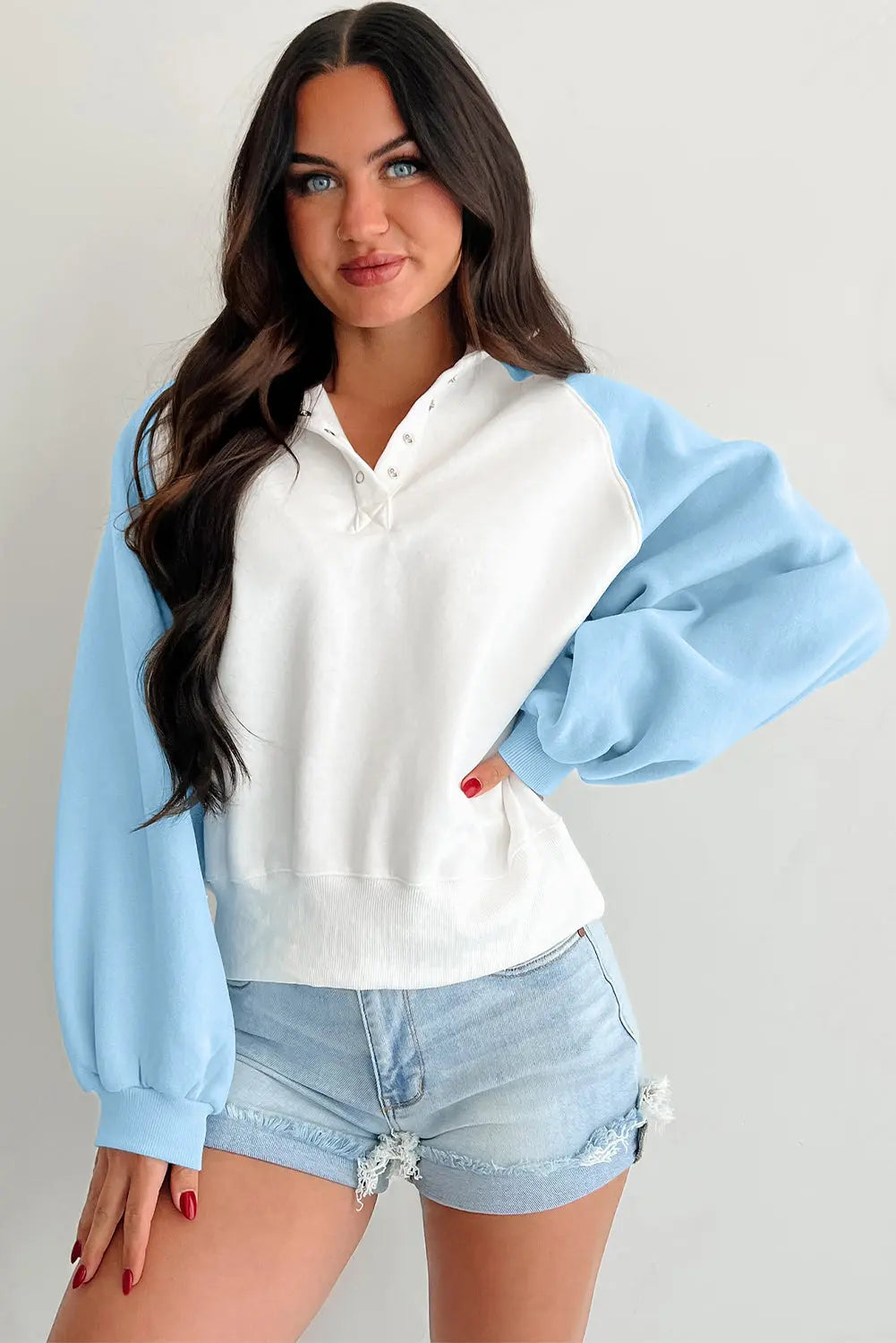 Beau Blue Colorblock Snap Buttons Pullover Sweatshirt Dear-Lover Dropshipping