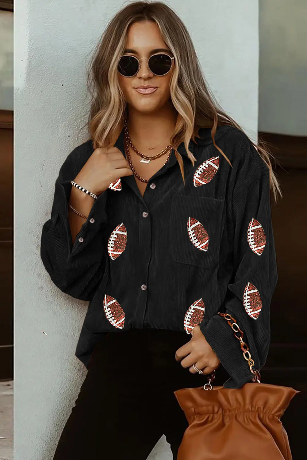 Black Sequin Rugby Pattern Buttoned Corduroy Shacket Dear-Lover Dropshipping