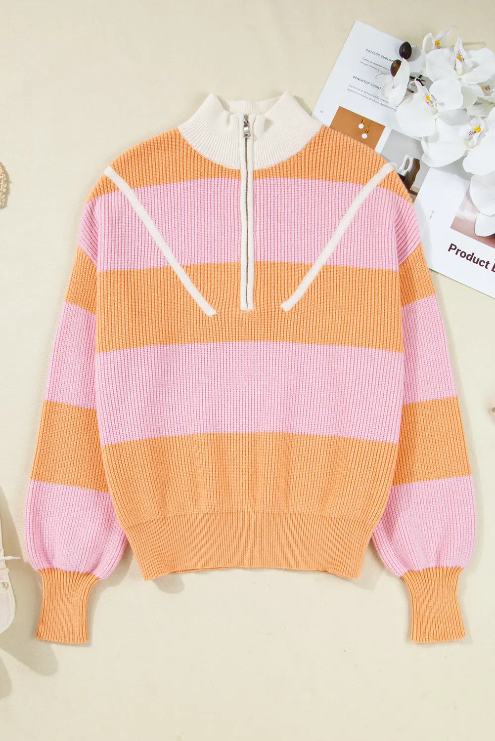 Orange Stripe Colorblock Half Zip Oversize Sweater Dear-Lover Dropshipping
