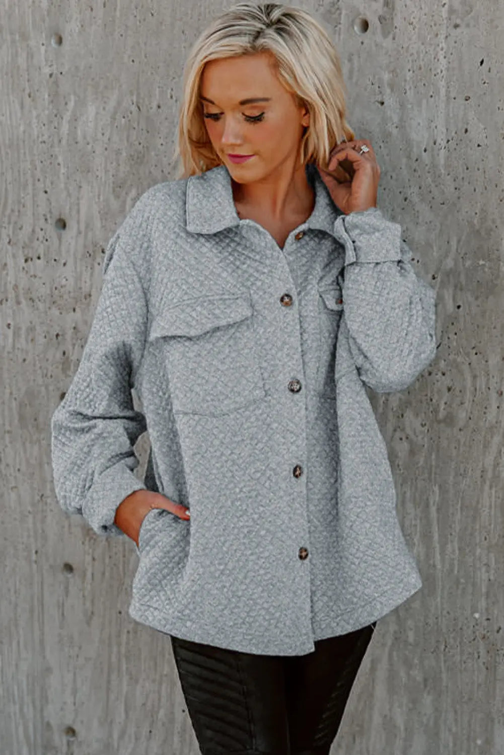 Gray Retro Quilted Flap Pocket Button Shacket Dear-Lover Dropshipping