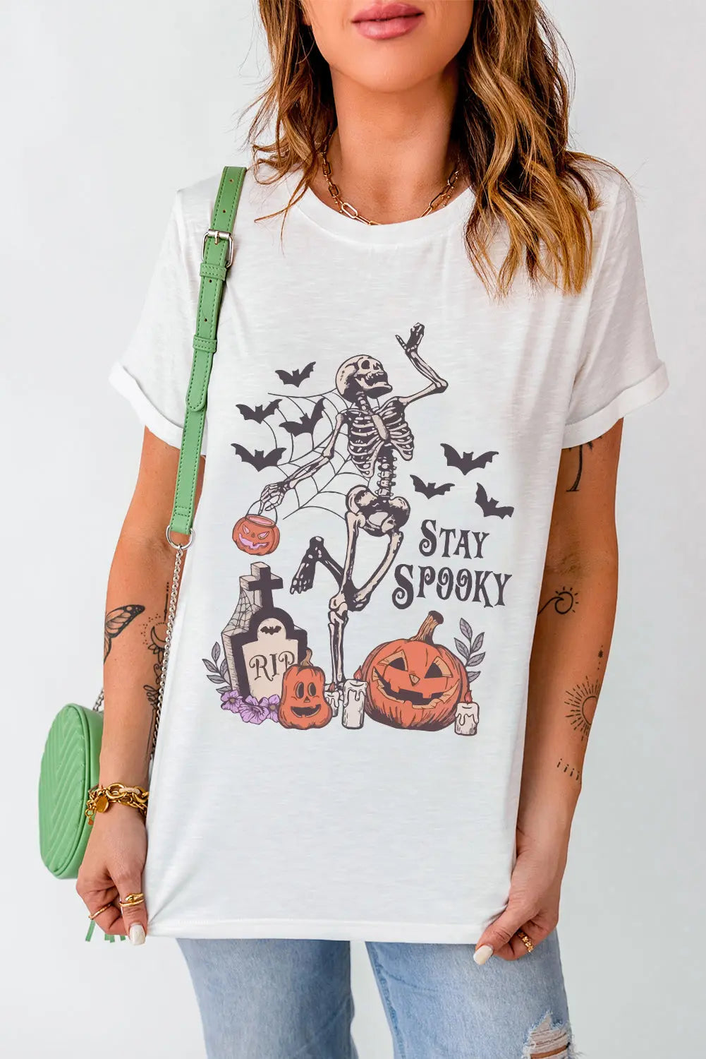White Skull Pumpkin Face STAY SPOOKY Graphic Halloween T Shirt Dear-Lover Dropshipping