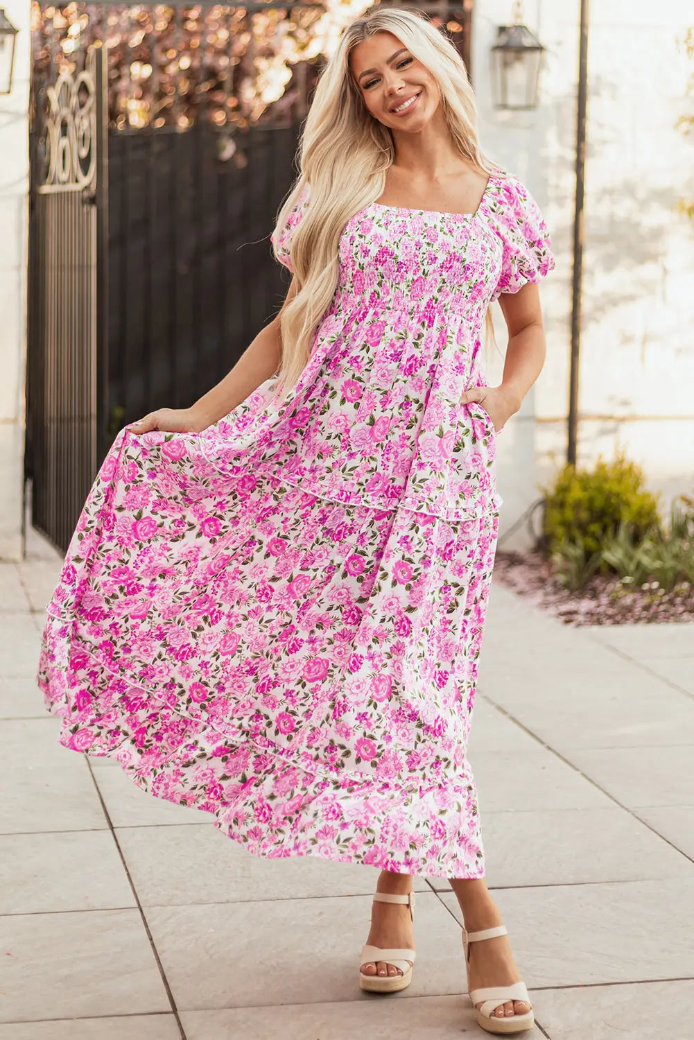 Pink Dainty Floral Smocked Puff Sleeve Flowy Long Dress Dear-Lover Dropshipping