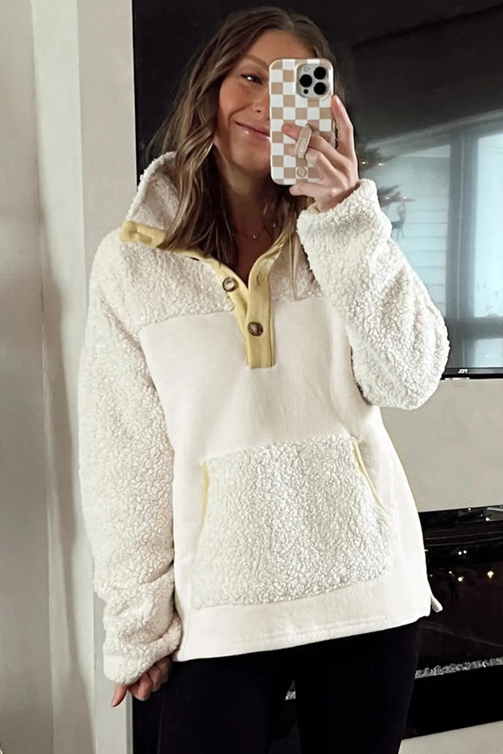 Beige Fleece Colorblock Trim Buttons Collar Sweatshirt with Pocket Dear-Lover Dropshipping