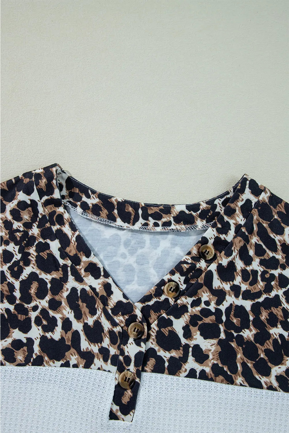 White Leopard Waffle Knit Patchwork Button V Neck Top Dear-Lover Dropshipping