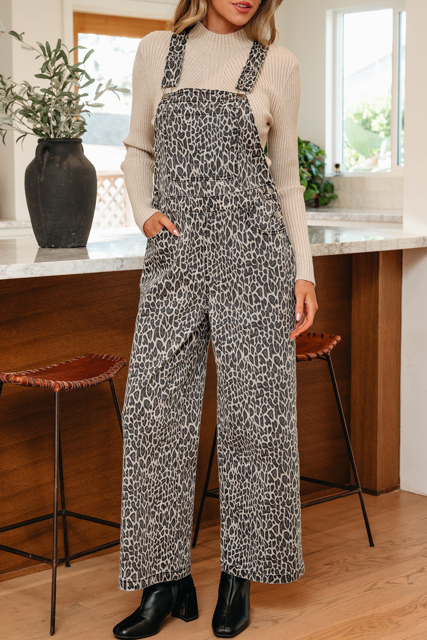 Brown Leopard Print Straight Leg Loose Denim Overall Jumpsuit