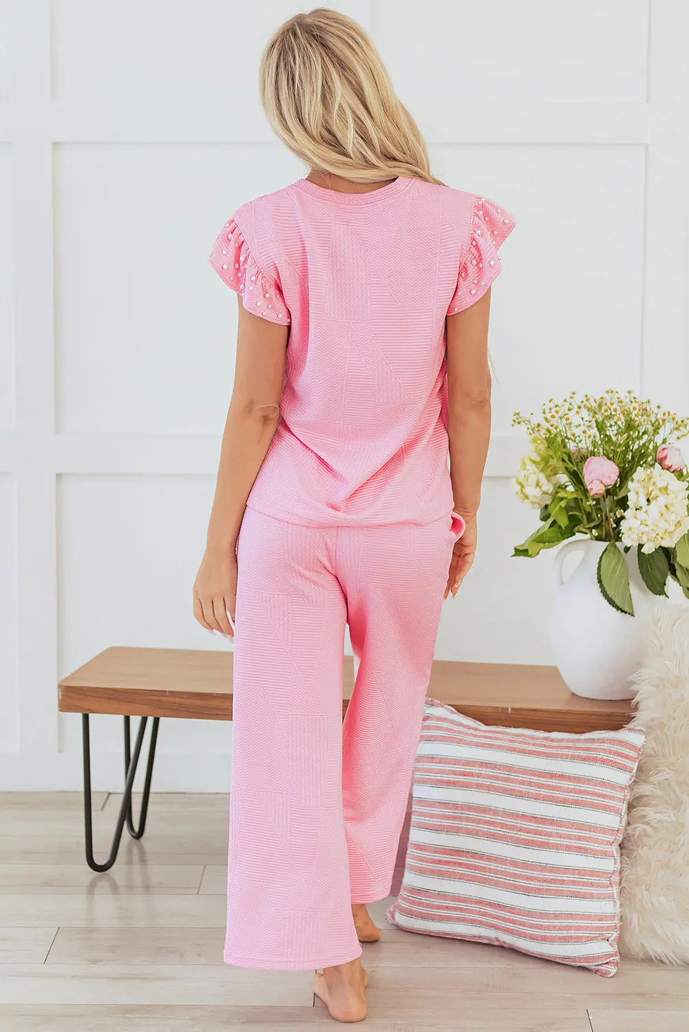 Pink Textured Pearled Ruffled Sleeve Wide Leg Pants Set Dear-Lover Dropshipping