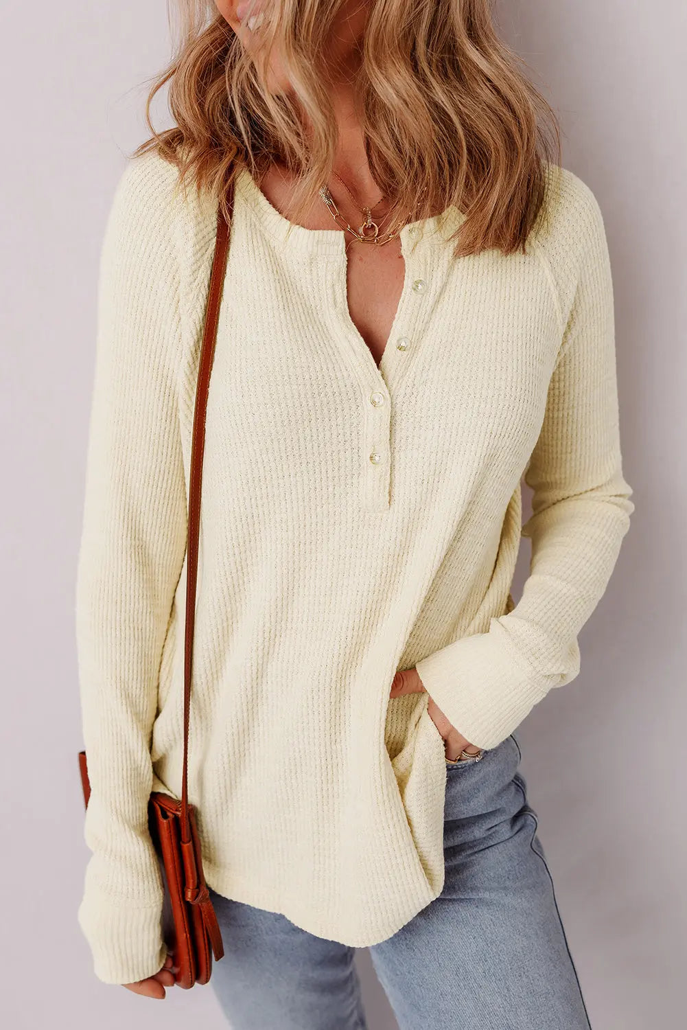 Oatmeal Textured Knit Half Buttons Henley Top Dear-Lover Dropshipping