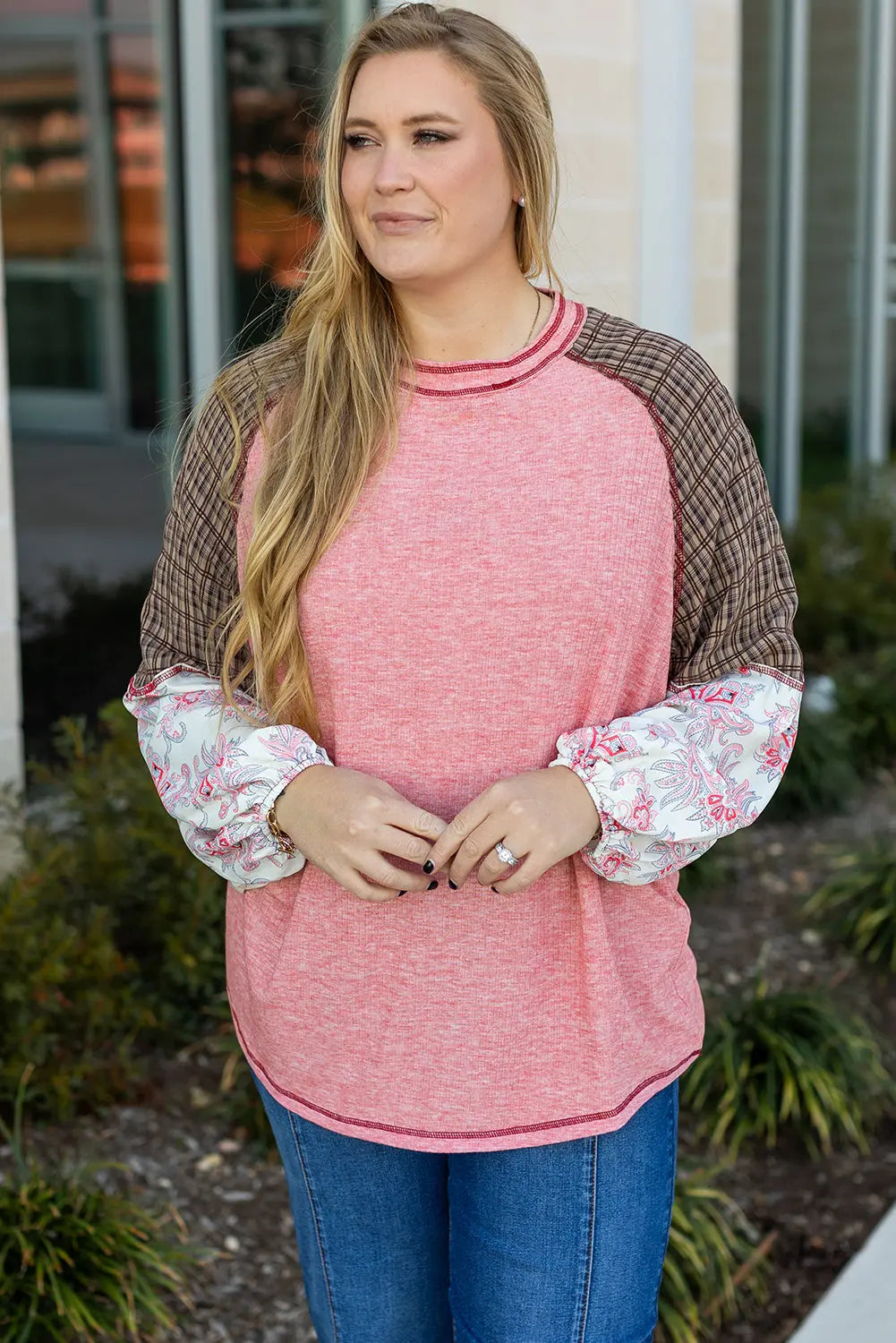Pink Checkered Paisley Patchwork Raglan Sleeve Seamed Plus Size Top Dear-Lover Dropshipping