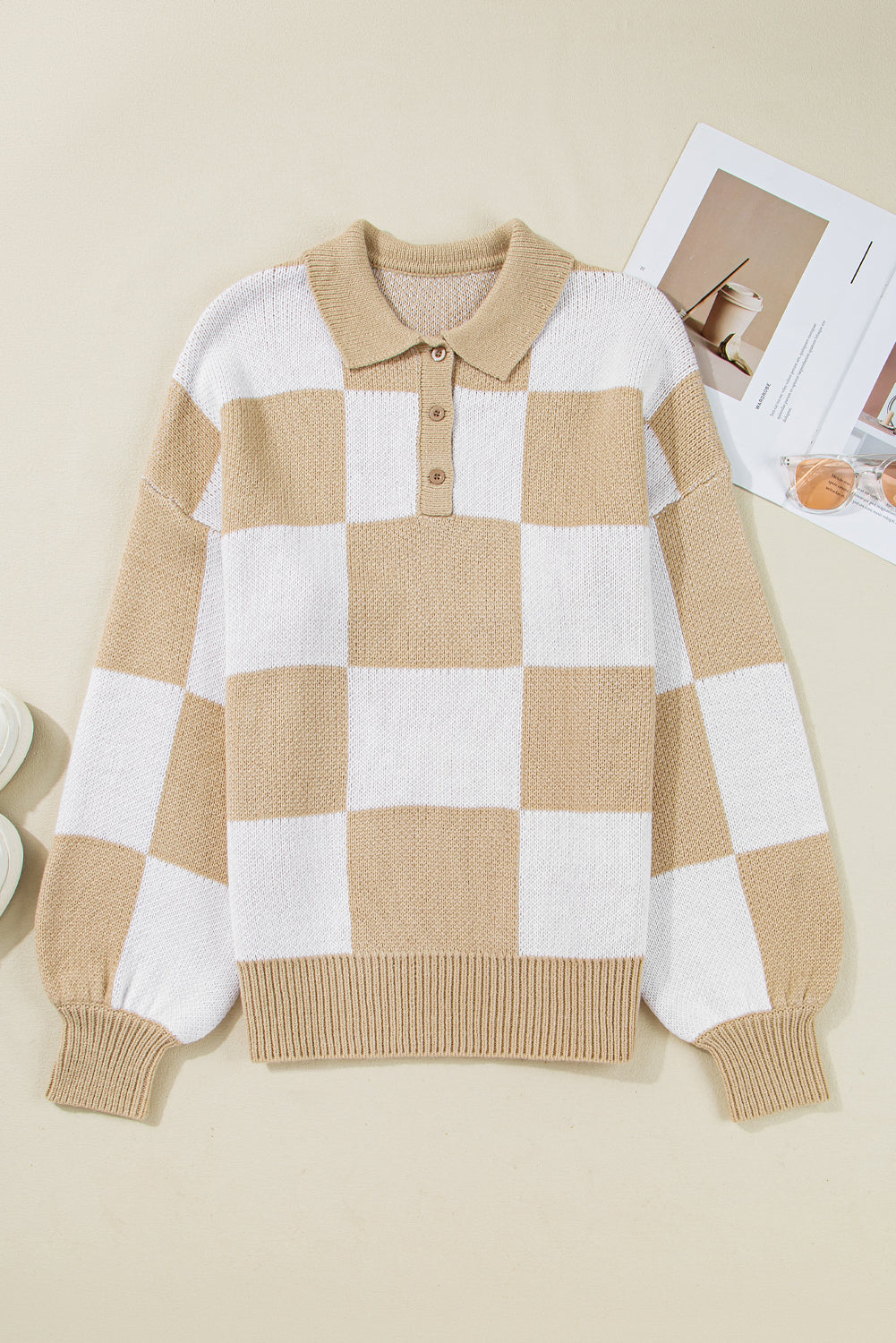 Light French Beige Checkered Pattern Polo Collar Loose Sweater