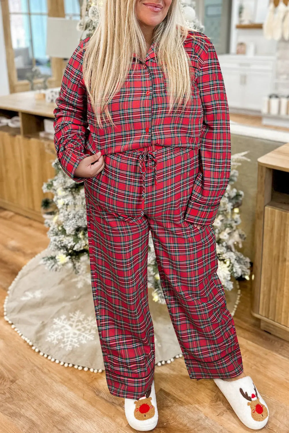 Red Plaid Printed Shirt and Pants Plus Size Lounge Set Dear-Lover Dropshipping