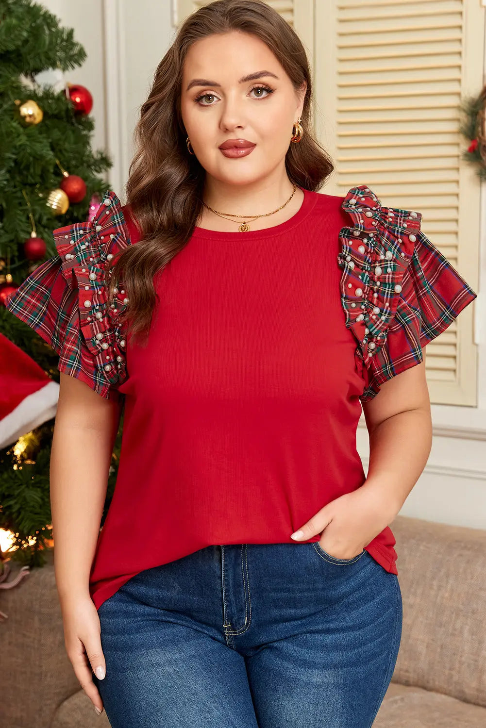 Racing Red Plaid Pearl Ruffled Short Sleeve Knitted Christmas Holiday Plus Size T-shirt Dear-Lover Dropshipping