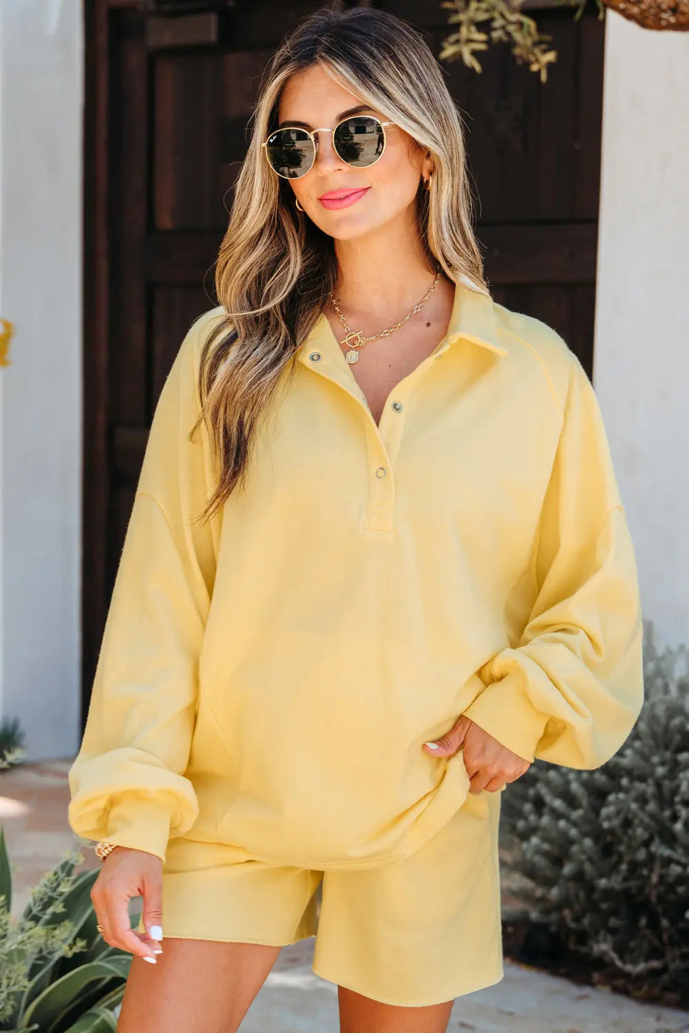 Yellow Cream Button Collar Drop Shoulder Pullover and Shorts 2pcs Outfit Dear-Lover Dropshipping