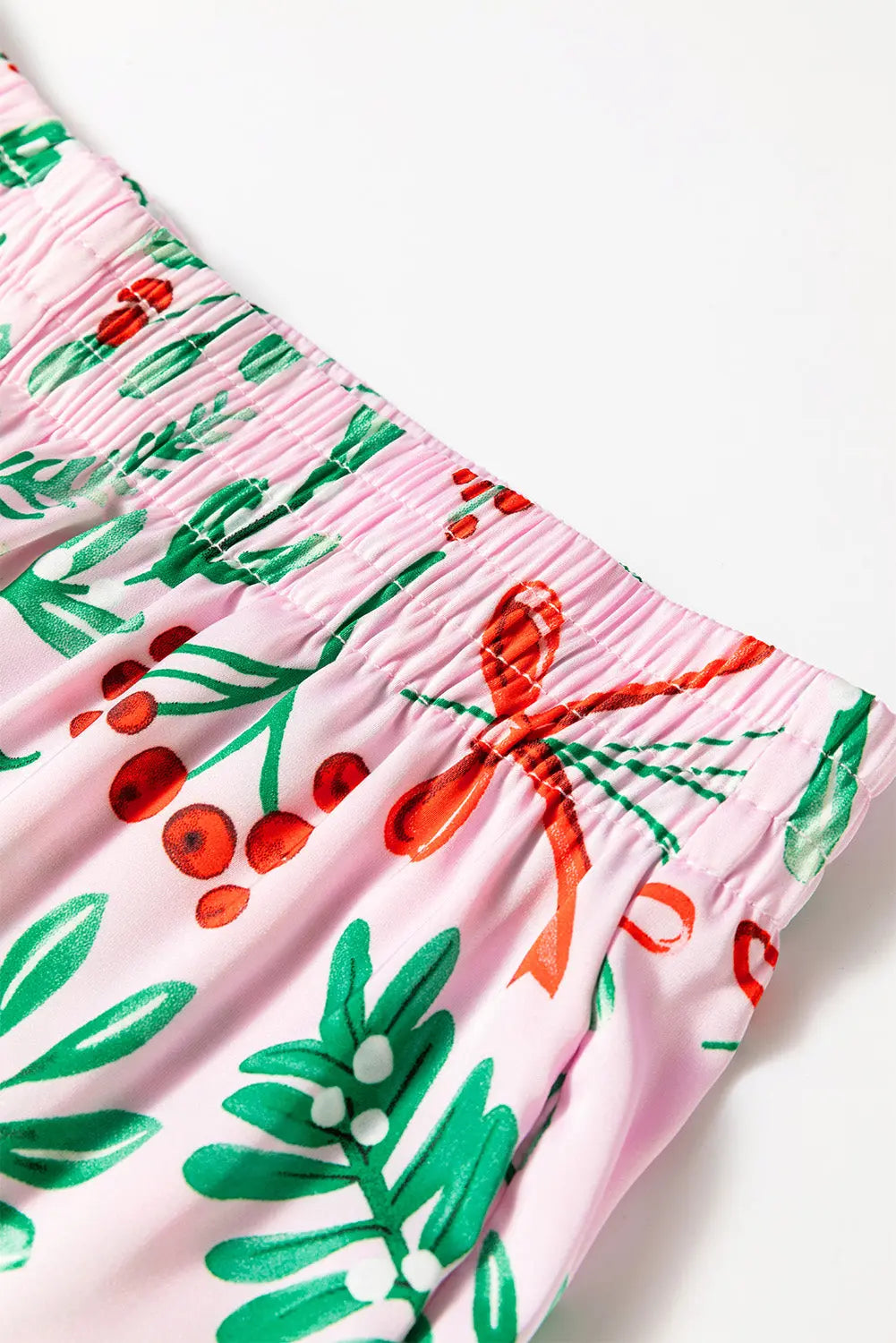 Pink Christmas Berries Plant Print Satin Long Sleeve Pajama Set Dear-Lover Dropshipping