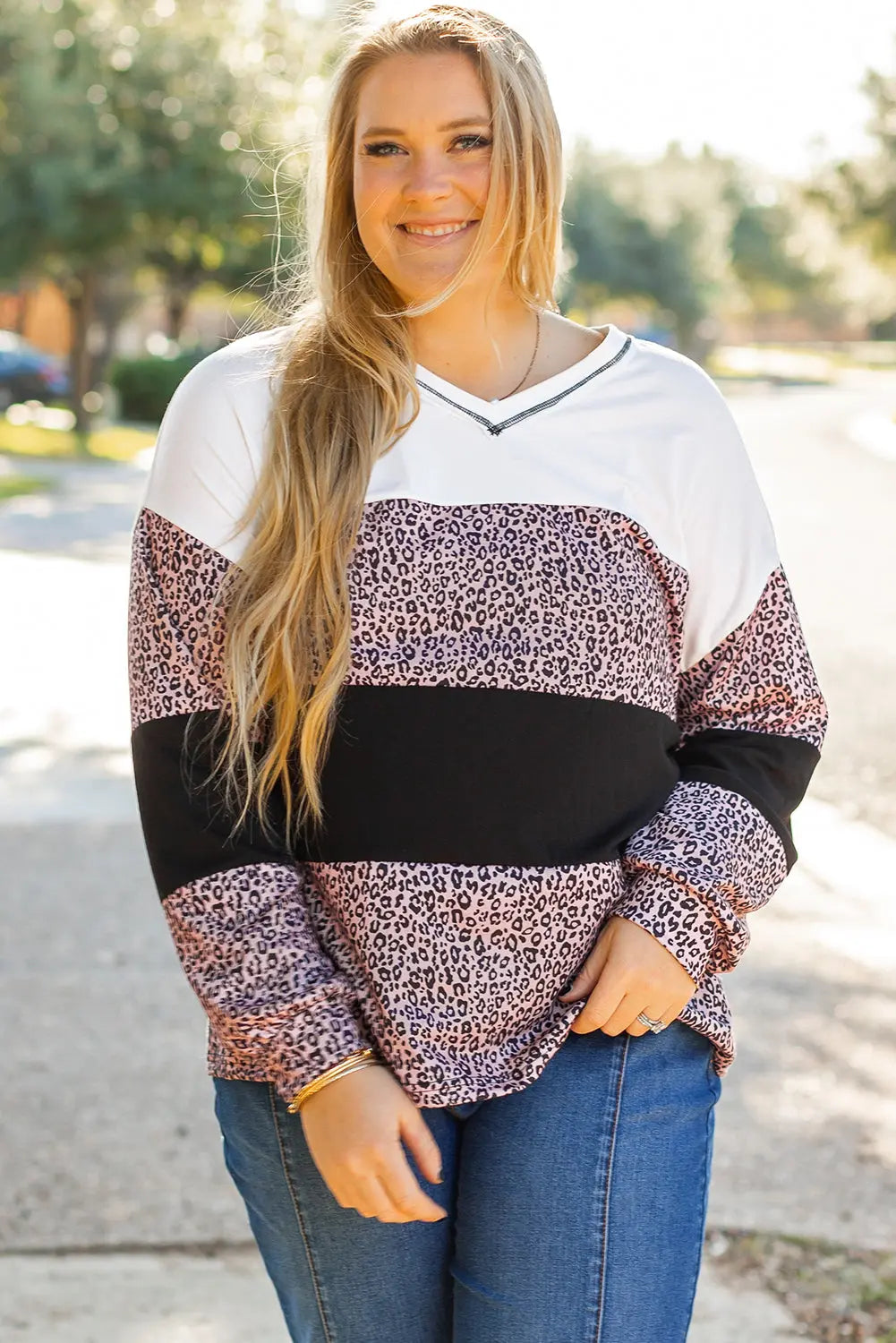 Black Leopard Print Colorblock V Neck Long Sleeve Plus Size Top Dear-Lover Dropshipping
