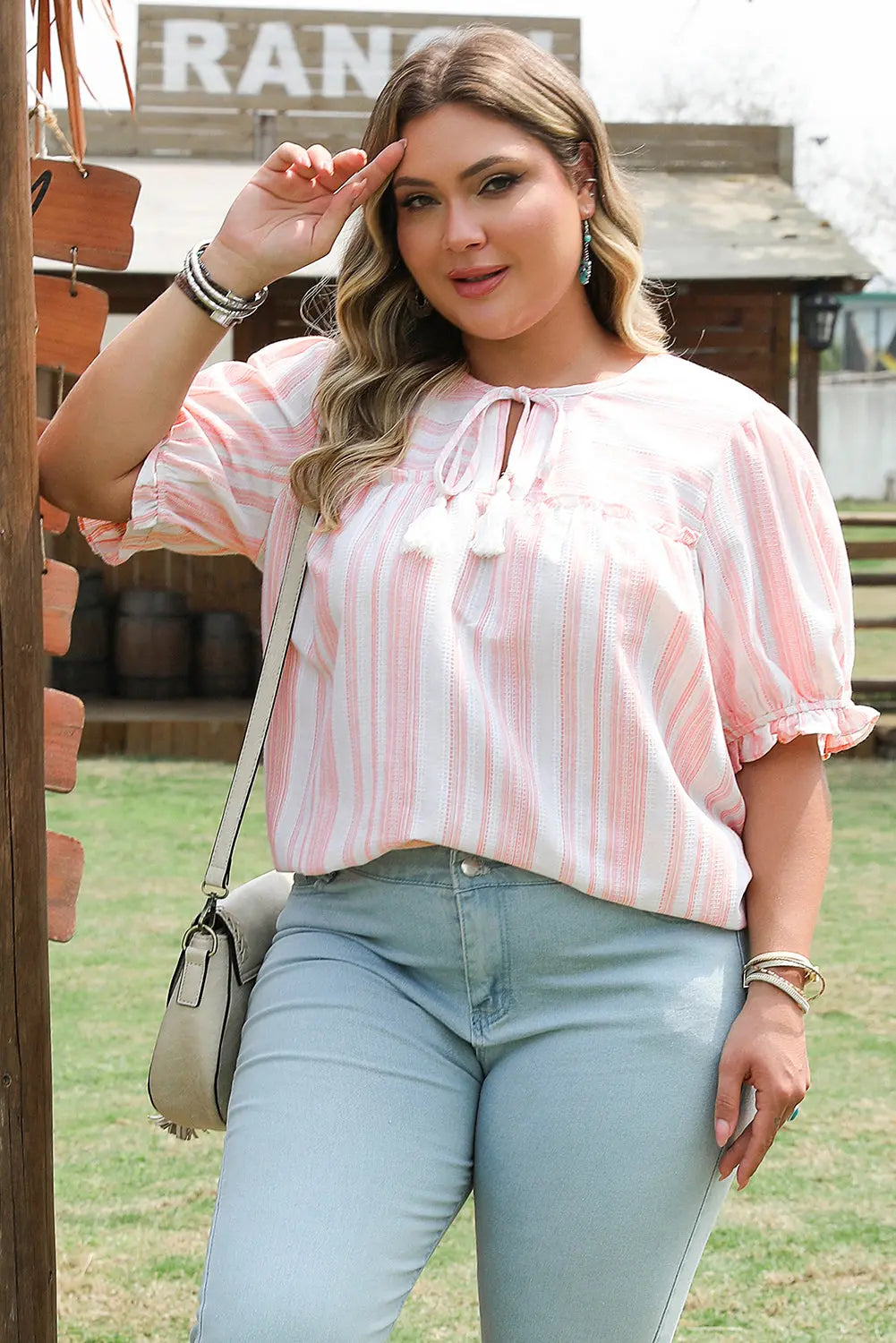 Pink Stripe Plus Size Tassel Tie Frilled Detail Short Sleeve Blouse Dear-Lover Dropshipping