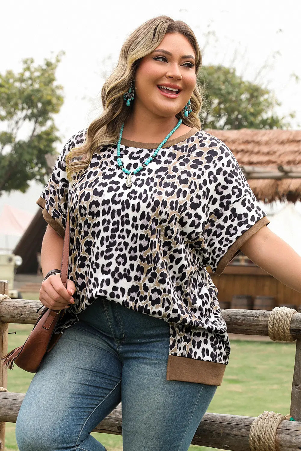 Khaki Leopard Contrast Trim Short Sleeve Loose Plus Size Top Dear-Lover Dropshipping