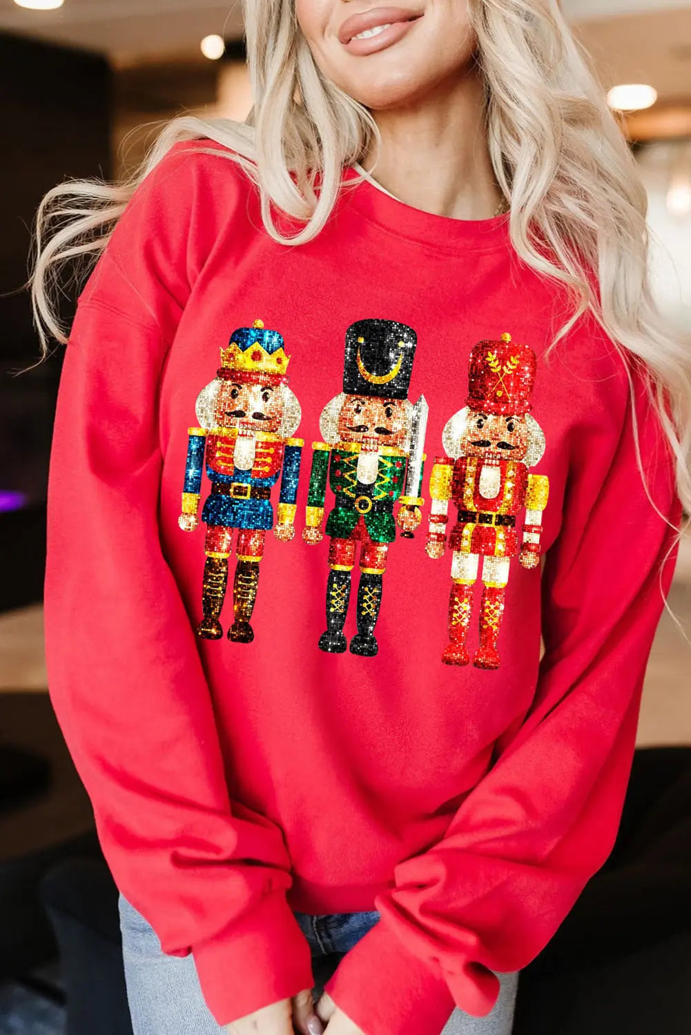 Red Christmas Metallic Nutcracker Graphic Crew Neck Sweatshirt Dear-Lover Dropshipping