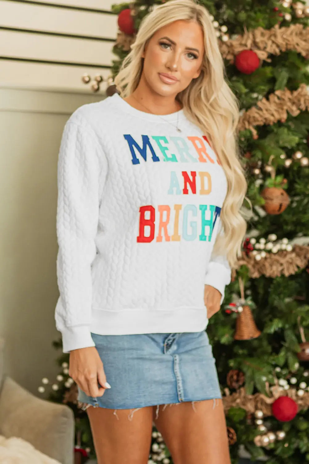 White Merry And Bright Cable Knit Pullover Sweatshirt Dear-Lover Dropshipping