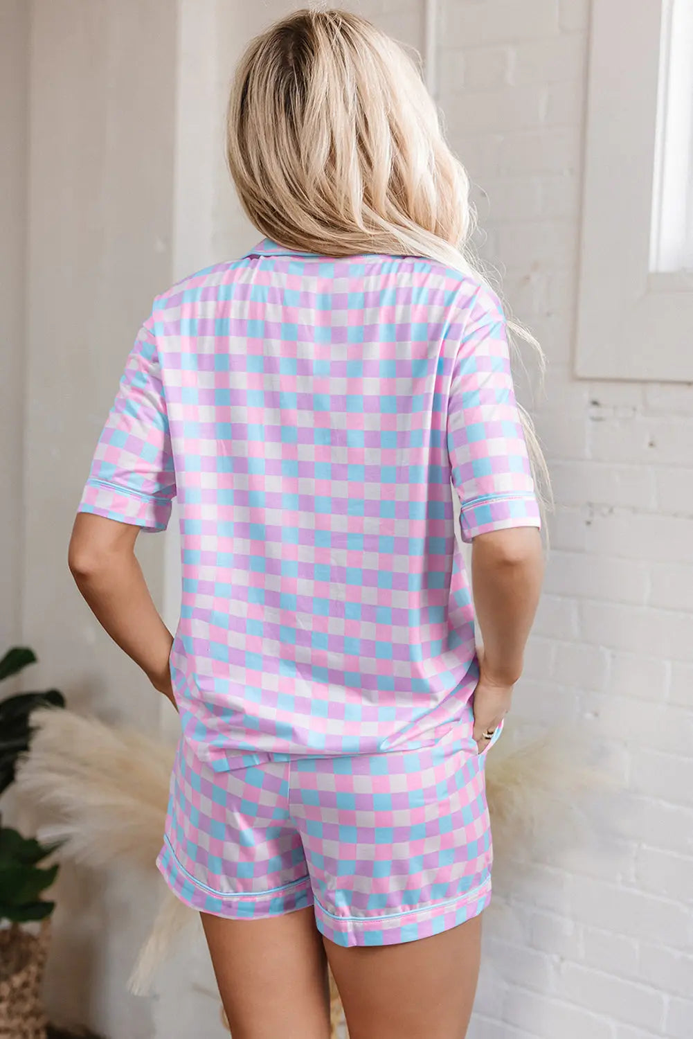 Purple Checkered Pattern Short Sleeve Pajamas Set Dear-Lover Dropshipping