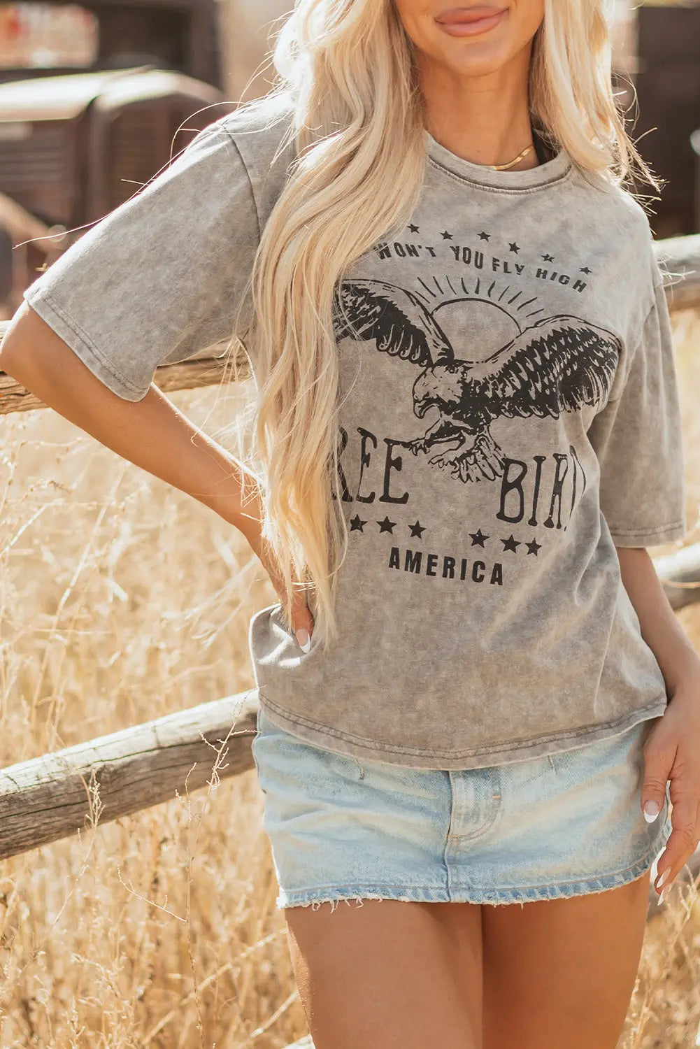 Parchment AMERICA FREE BIRD Vintage Graphic Mineral Washed Tee Dear-Lover Dropshipping