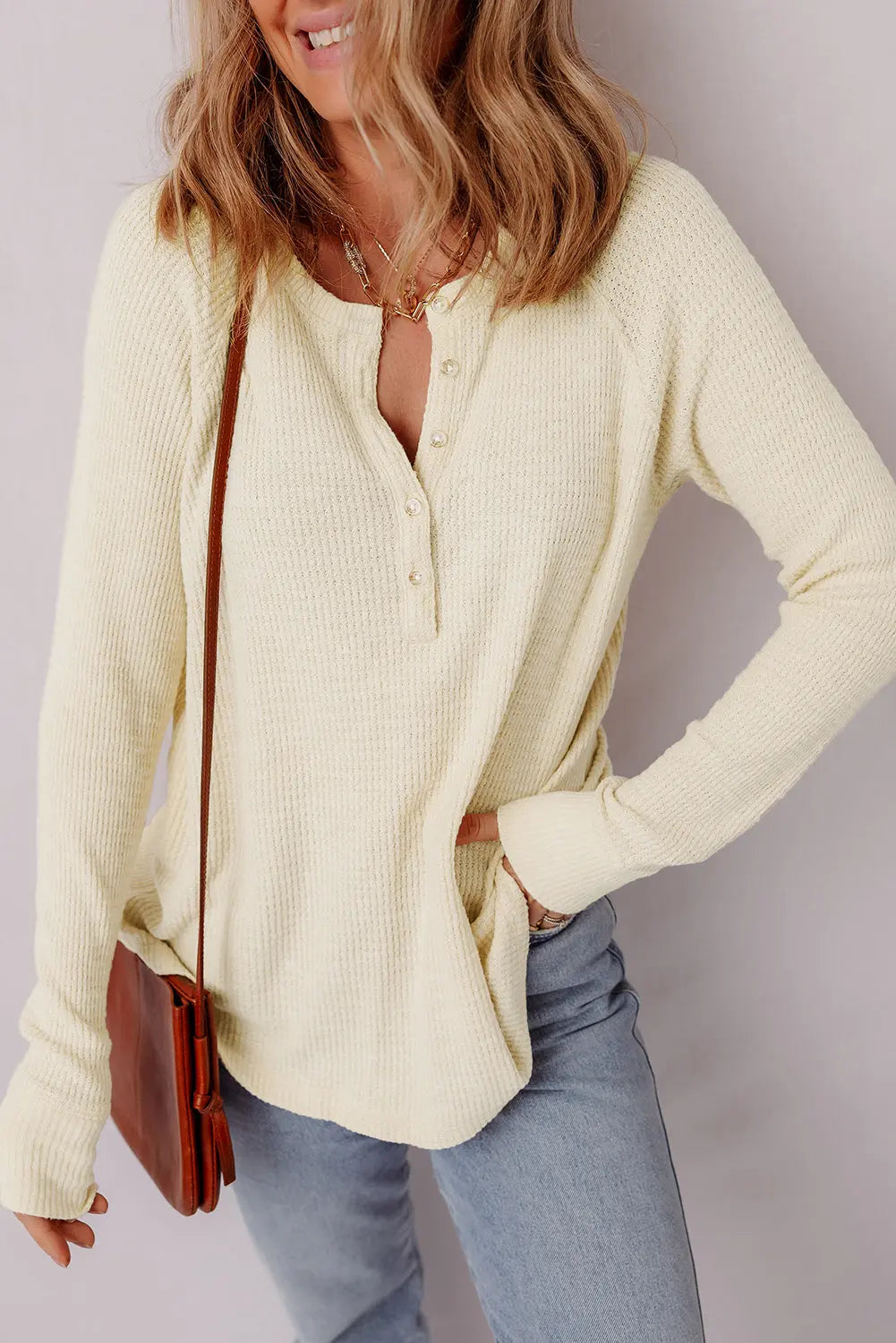 Oatmeal Textured Knit Half Buttons Henley Top Dear-Lover Dropshipping
