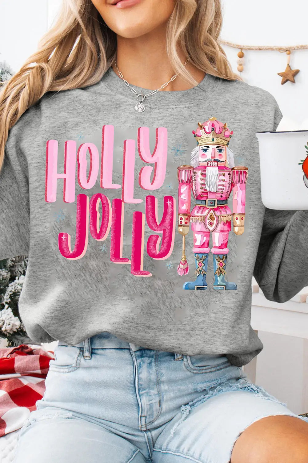 Gray HOLLY JOLLY Nutcracker Print Crew Neck Christmas Sweatshirt Dear-Lover Dropshipping