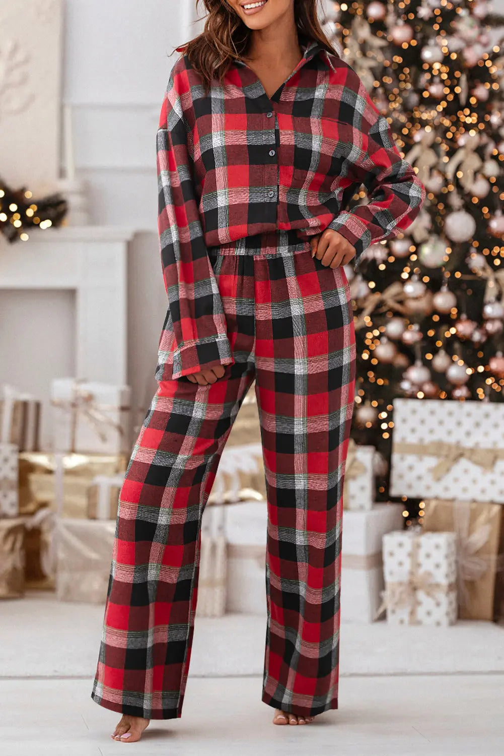 Red Christmas Checkered Pattern Loose Shirt and Pants Lounge Set Dear-Lover Dropshipping