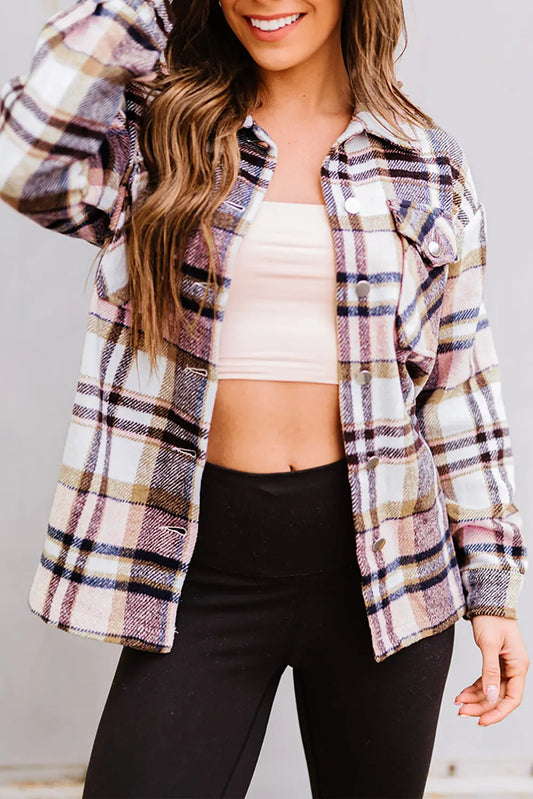 Pink Geometric Plaid Print Pocketed Shacket Dear-Lover Dropshipping