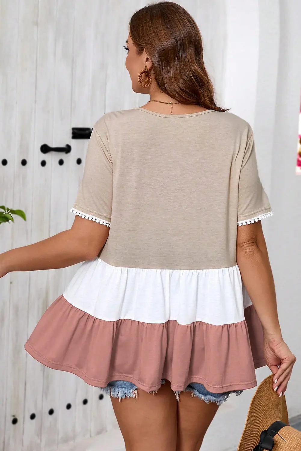 Beige Plus Size Color Block Lace Trim Ruffled Blouse Dear-Lover Dropshipping