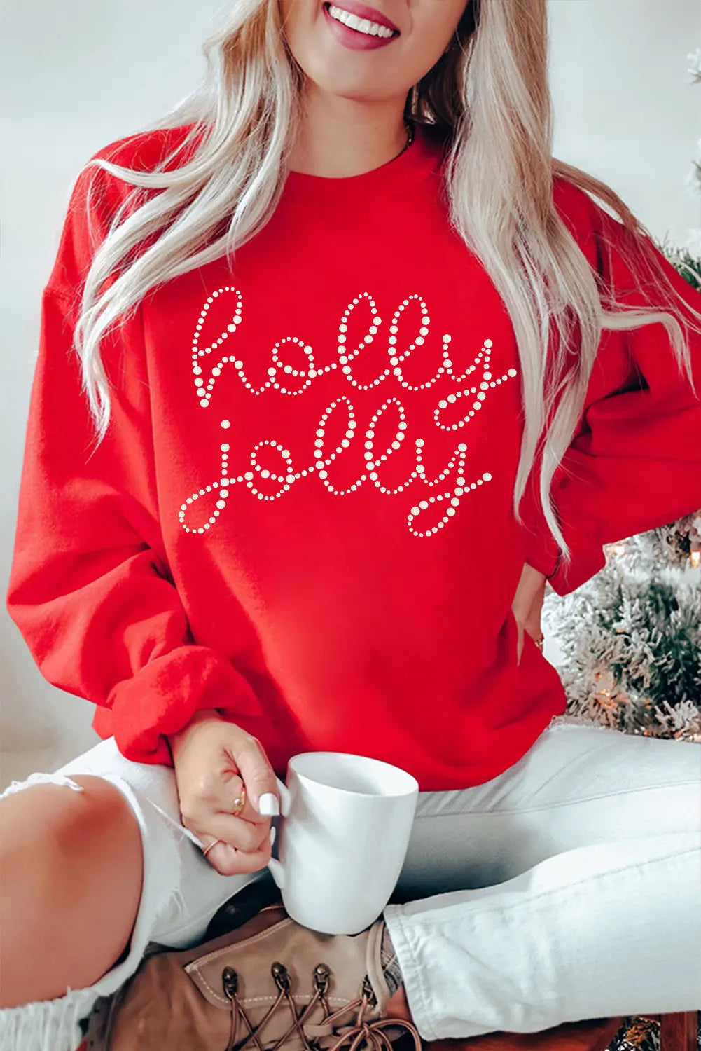 Red Christmas holly jolly Ceramic Rhinestone Letter Graphic Sweatshirt Dear-Lover Dropshipping