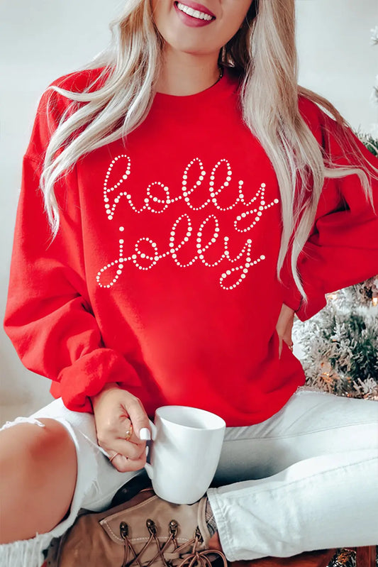 Red Christmas holly jolly Ceramic Rhinestone Letter Graphic Sweatshirt Dear-Lover Dropshipping