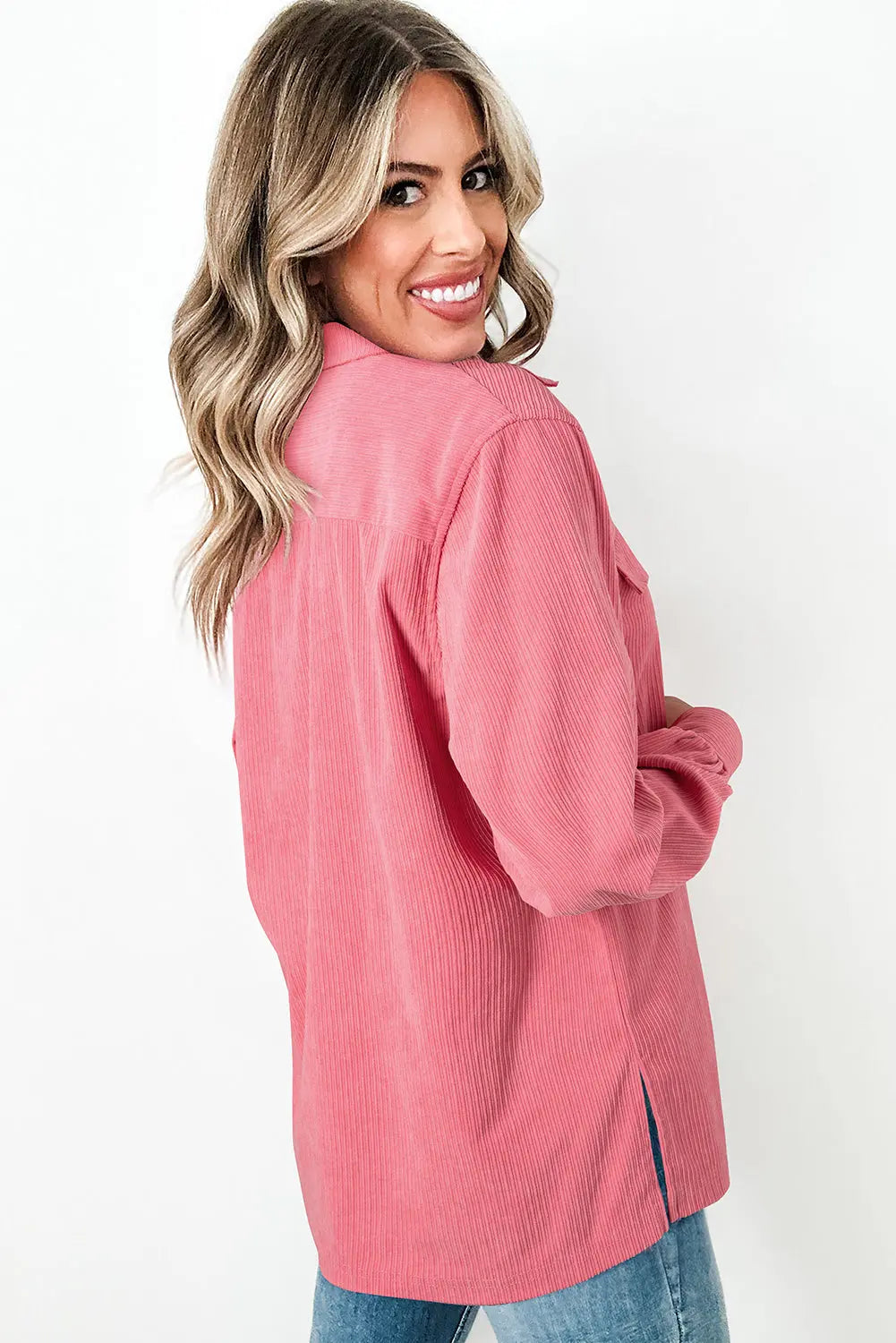 Bonbon Corduroy Flap Detail Button Up Split Shacket Dear-Lover Dropshipping