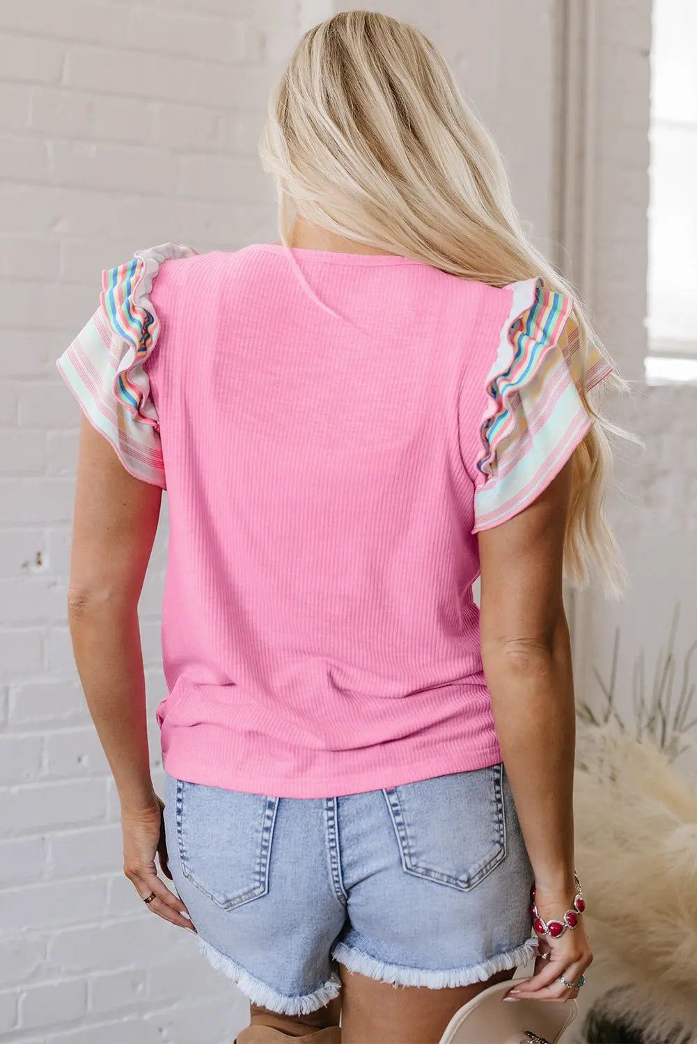 Bonbon Striped Ruffle Flutter Sleeve Ribbed Blouse Dear-Lover Dropshipping