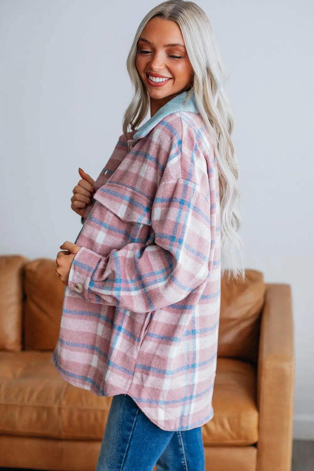 Pink Plaid Print Color Block Collared Flap Pockets Loose Shacket Dear-Lover Dropshipping