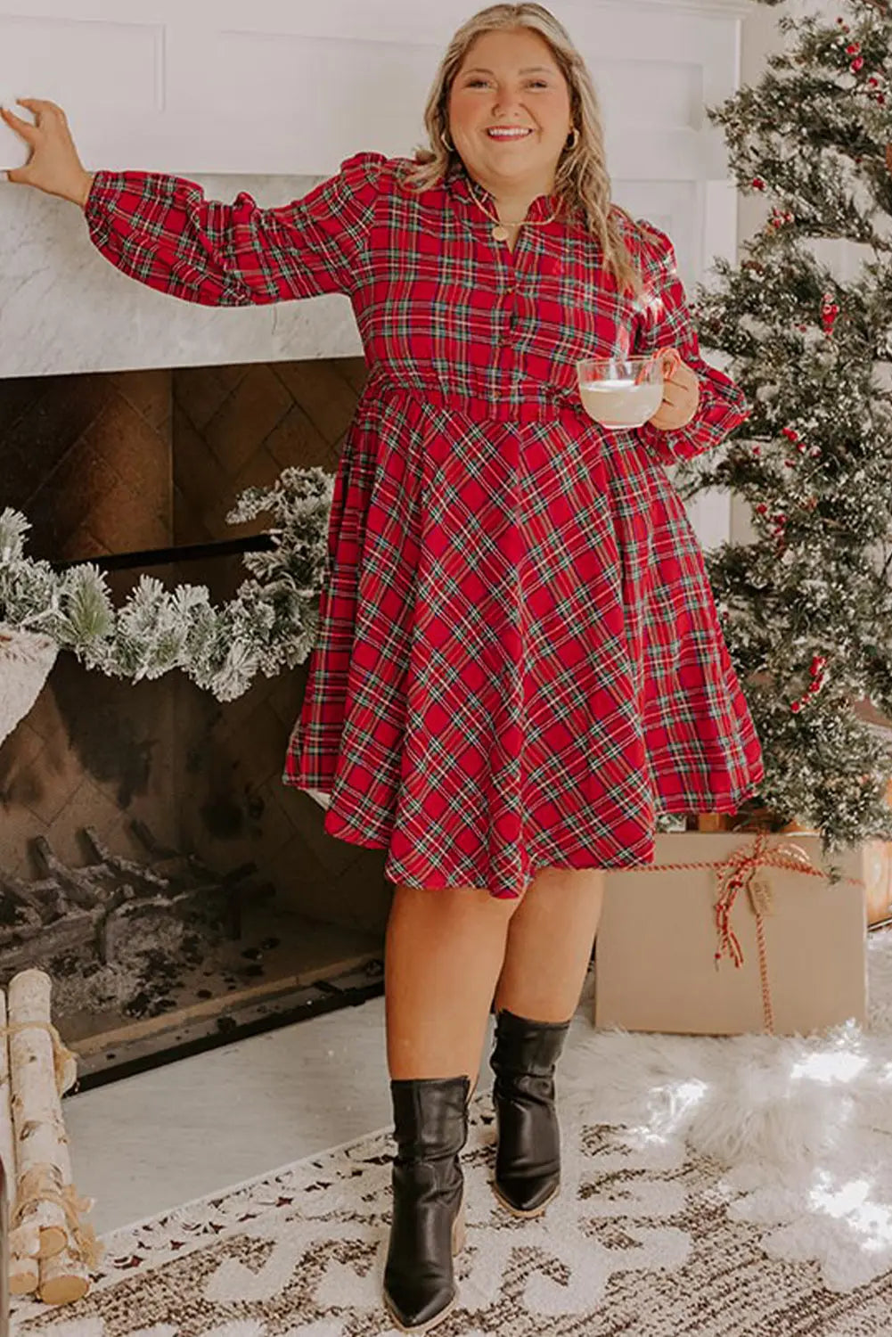 Red Plus Size Plaid Half Button Long Sleeve Holiday Dress Dear-Lover Dropshipping