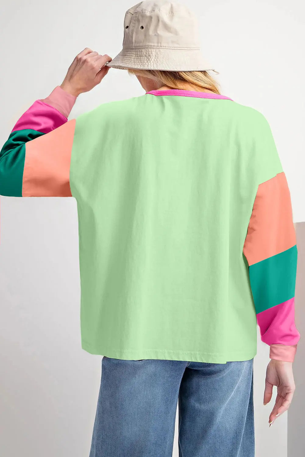 Green Colorblock Patchwork Long Sleeve Loose Top Dear-Lover Dropshipping