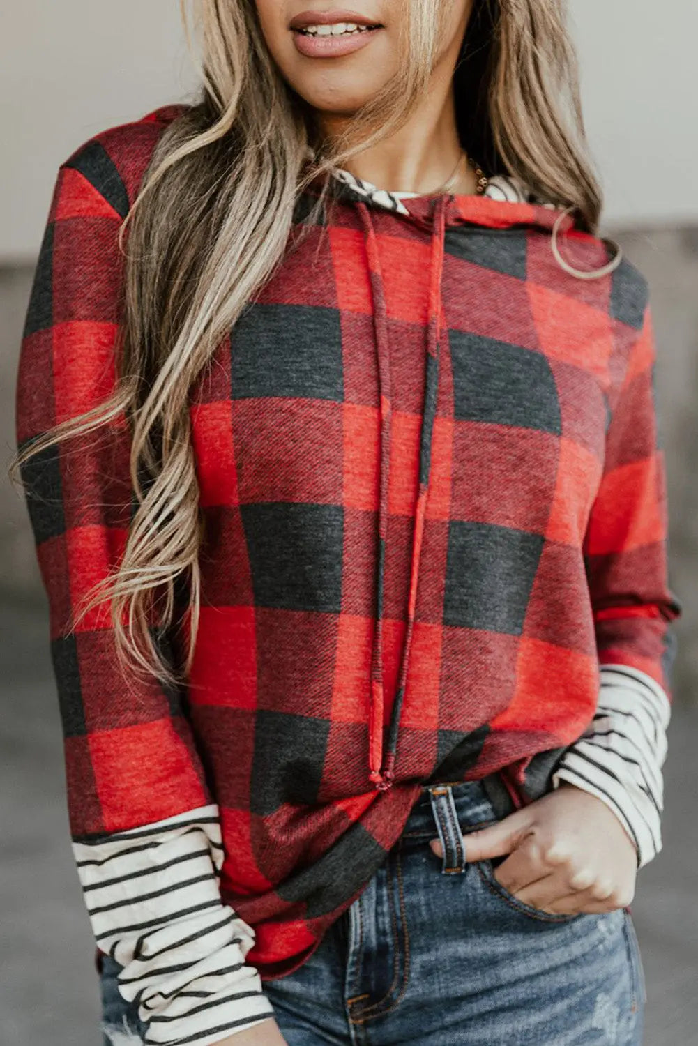 Fiery Red Christmas Plaid Striped Patchwork Drawstring Hoodie Dear-Lover Dropshipping