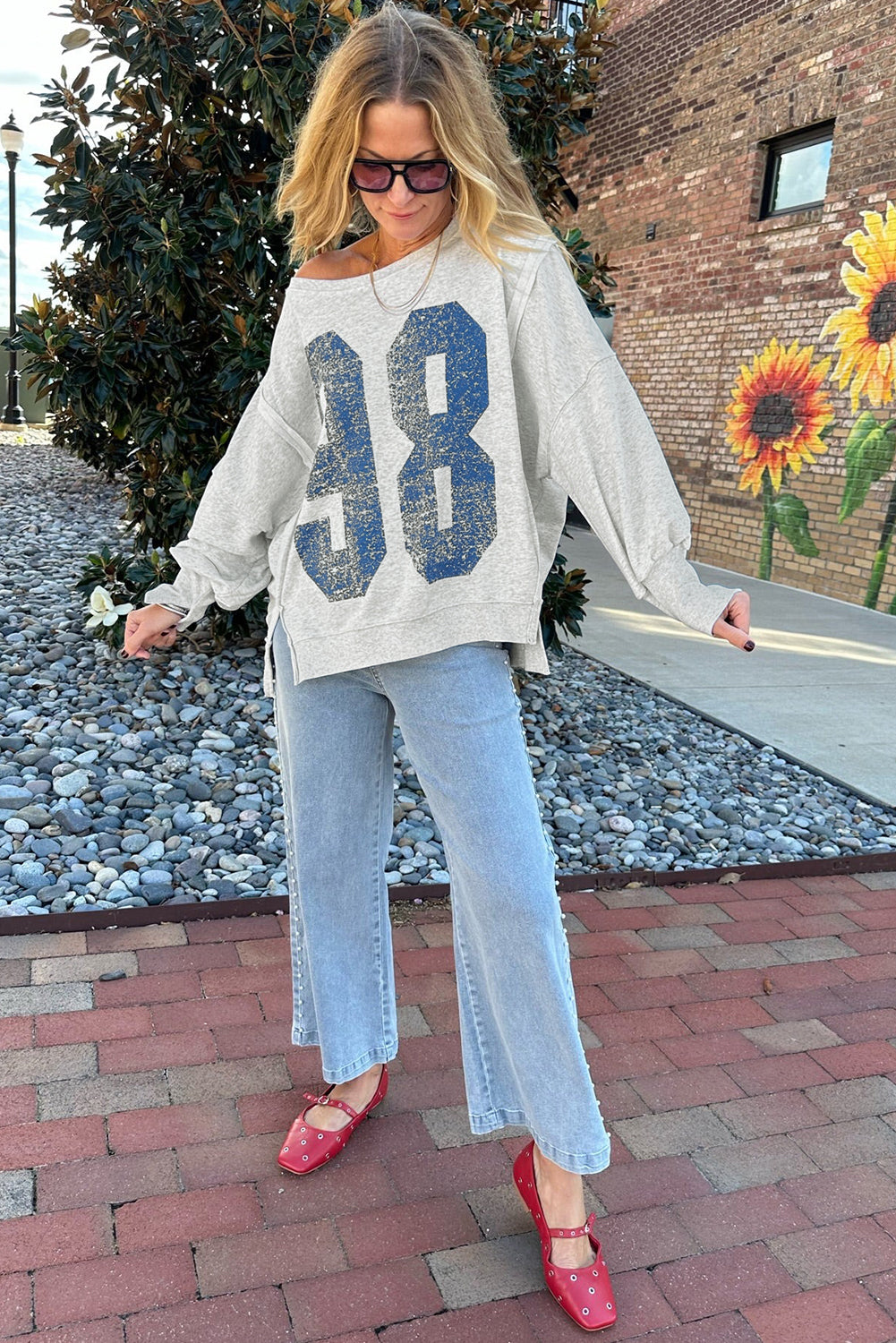 Light Grey Faded Varsity Print Loose Pullover Top