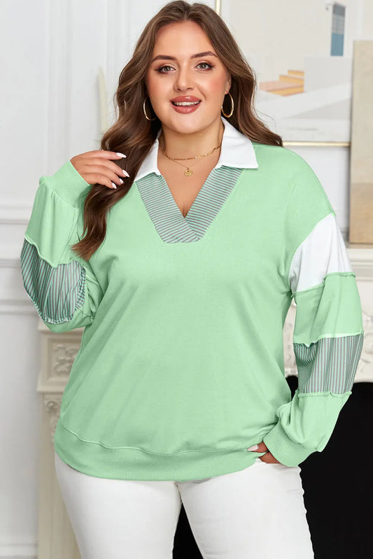 Moonlight Jade Color Block Striped Patchwork Collar V Neck Plus Size Sweatshirt Dear-Lover Dropshipping